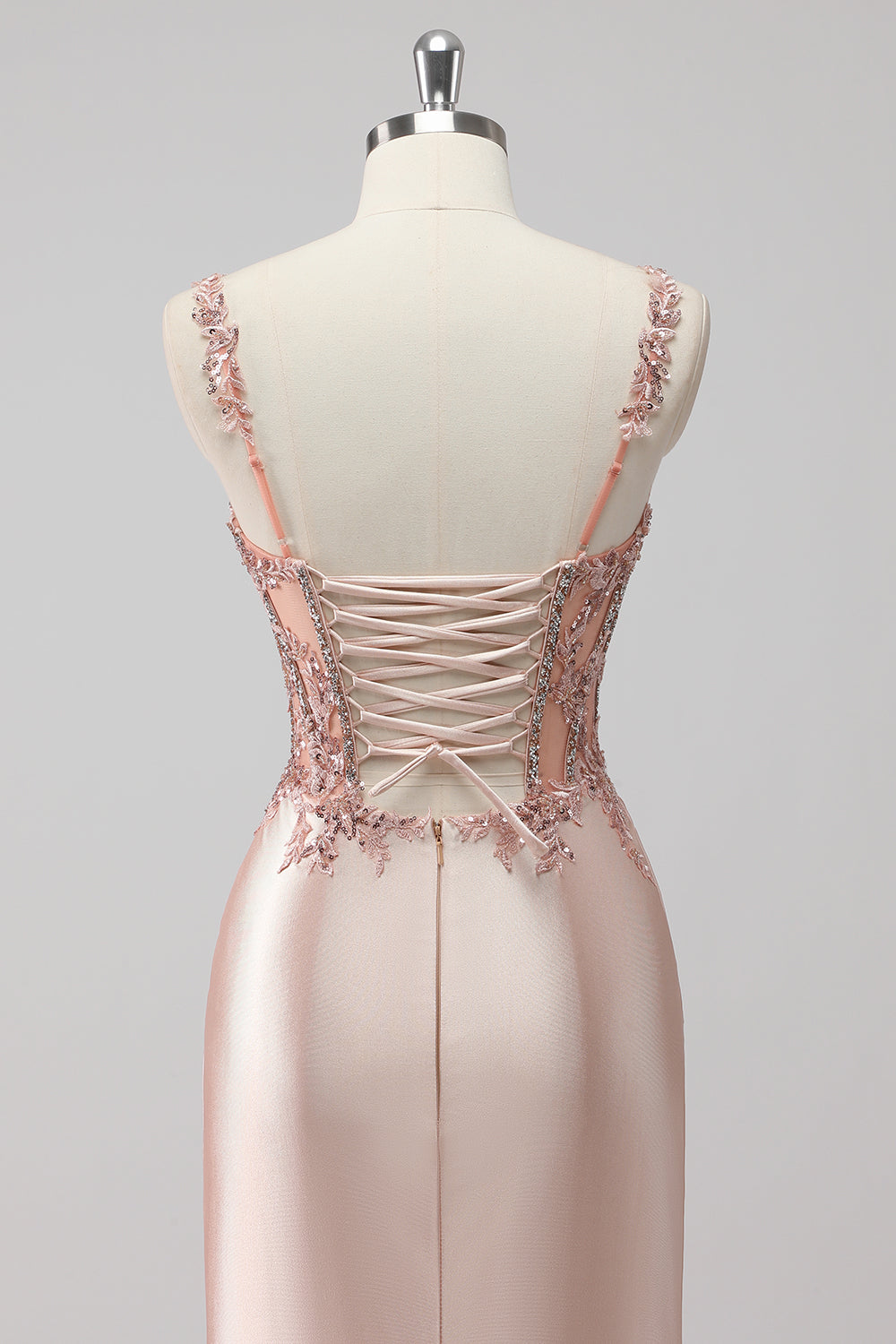 Blush Satin Mermaid Sequin Ruched Long Prom Dress with Slit