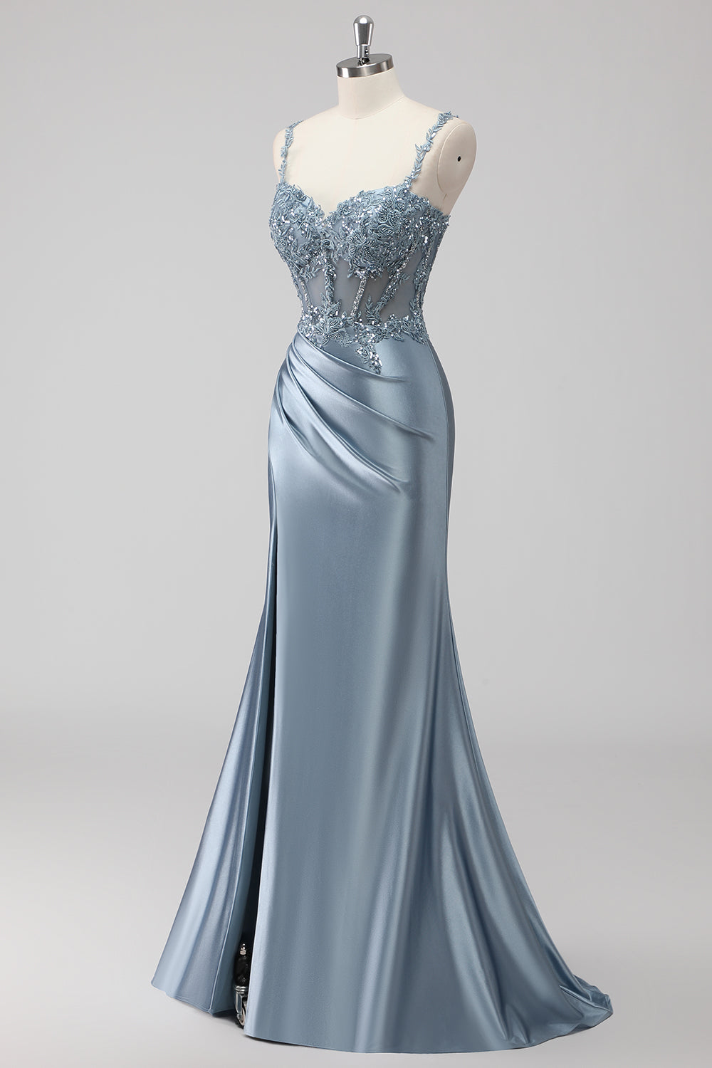 Blush Satin Mermaid Sequin Ruched Long Prom Dress with Slit