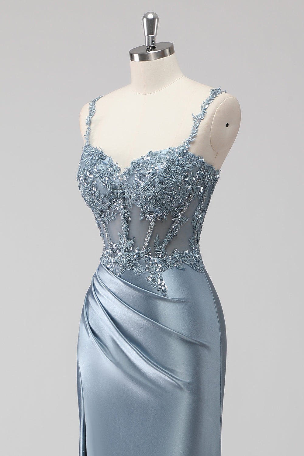 Blush Satin Mermaid Sequin Ruched Long Prom Dress with Slit