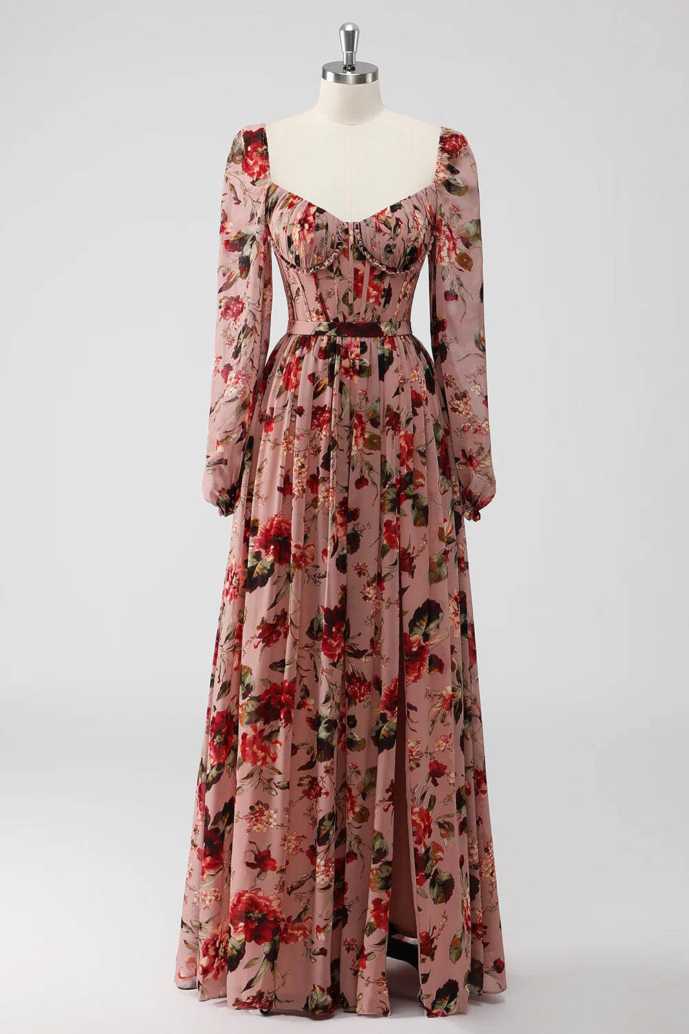 Dusty Rose Floral Corset A Line Long Sleeves Wedding Guest Dress