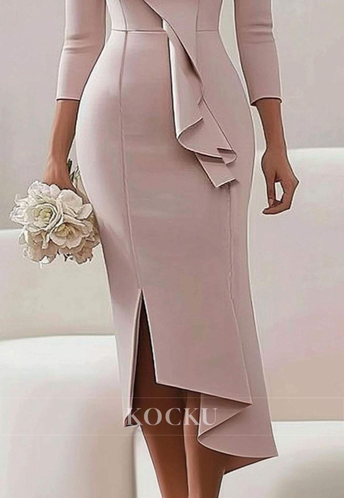 Daily Work Wedding Guest Dress Ruffle V-Neck Long Sleeves Midi Mother of Groom
