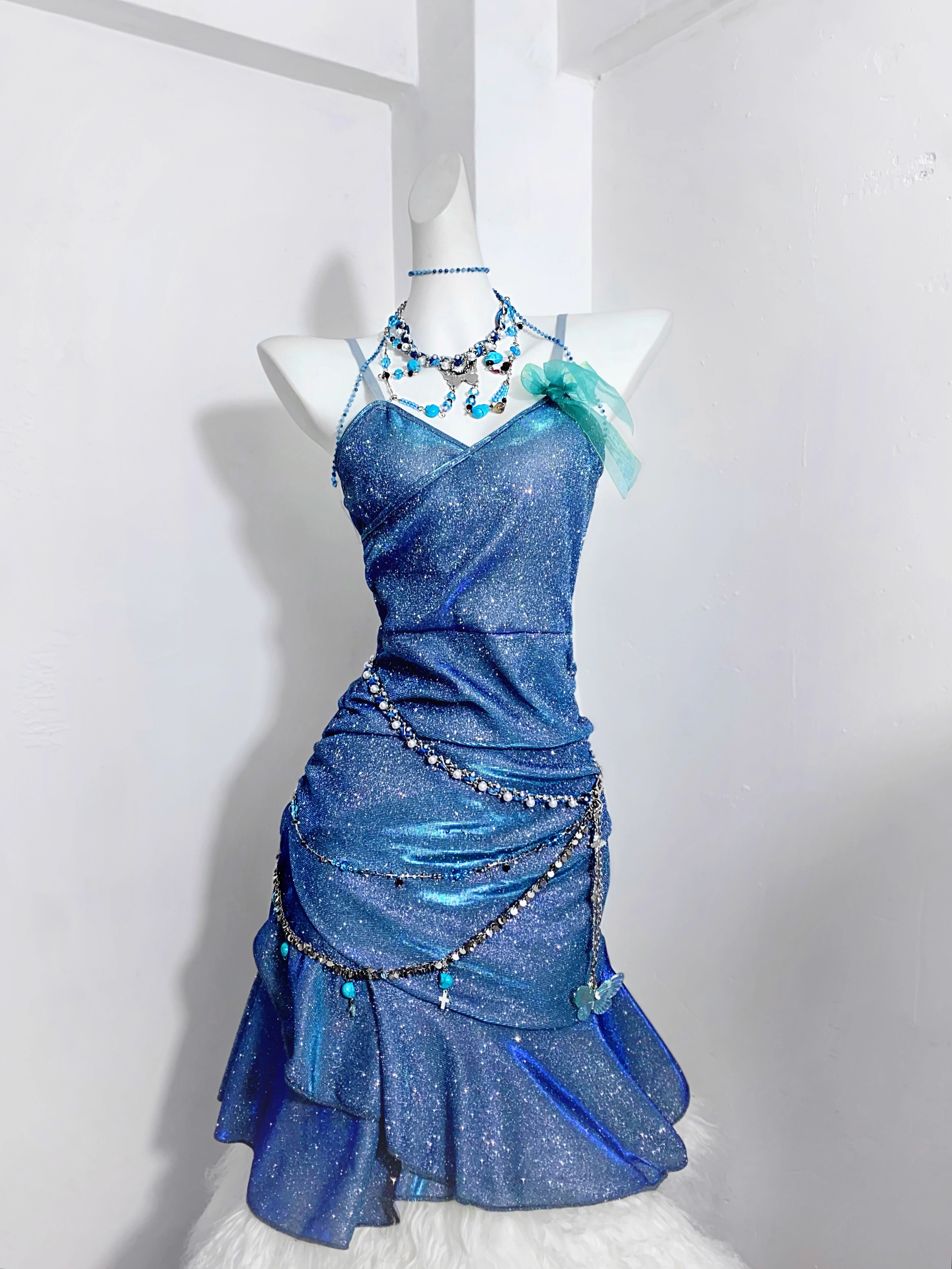 Glitter Spaghetti Straps Navy  Blue Ruffles Short Homecoming Dress Birthday Outfits  S607