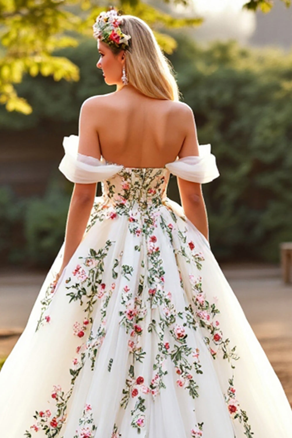 White Tulle Off the Shoulder Sweep Train Floral Wedding Dress