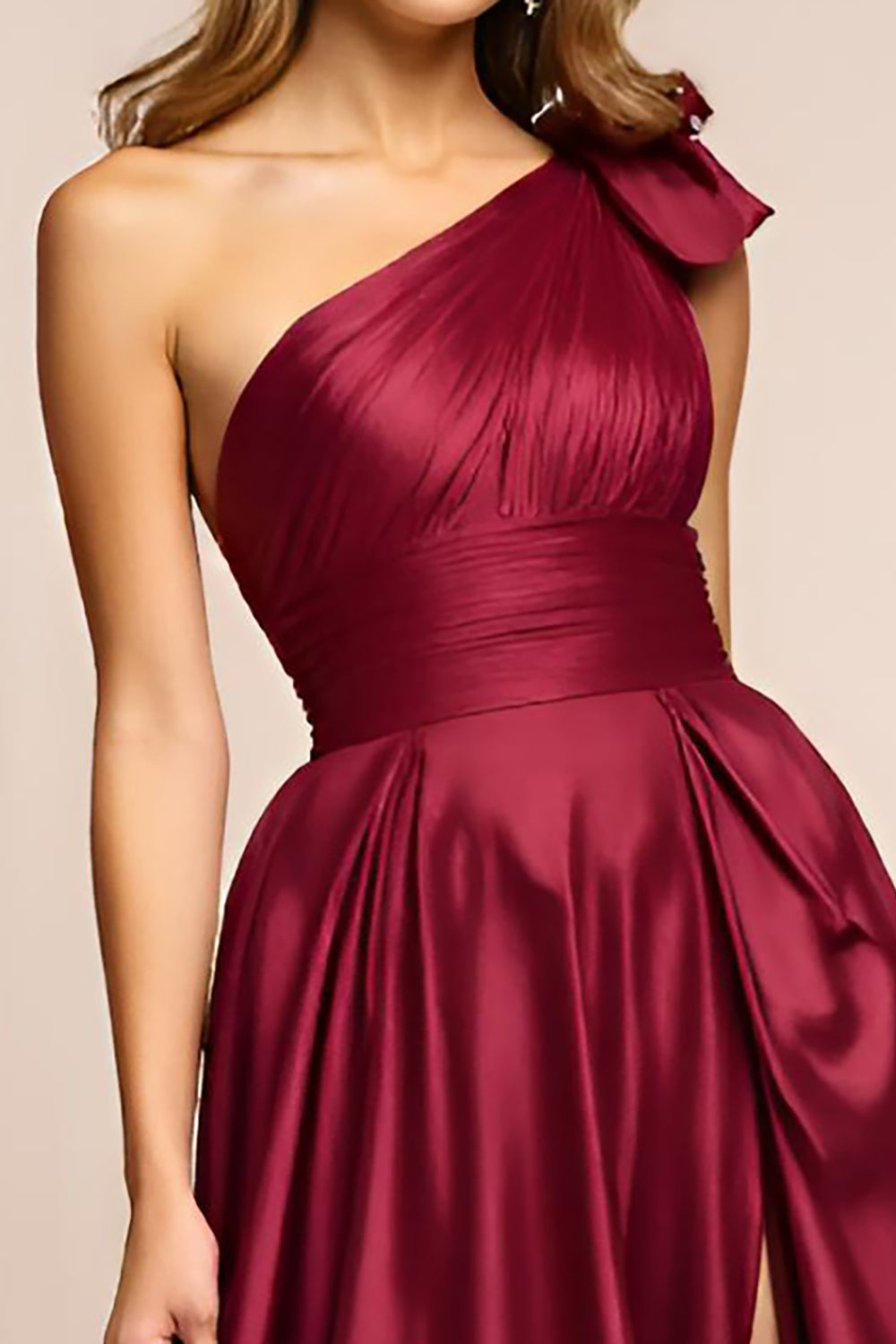Elegant A Line Burgundy One Shoulder Long Satin Prom Dress With Slit