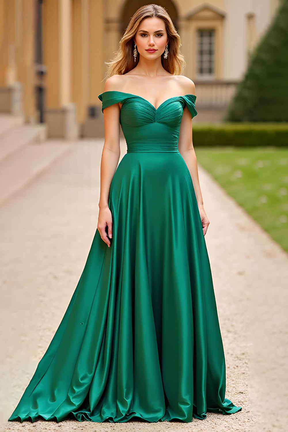 Dark Green Off The Shoulder Ruched Long Satin Prom Dress