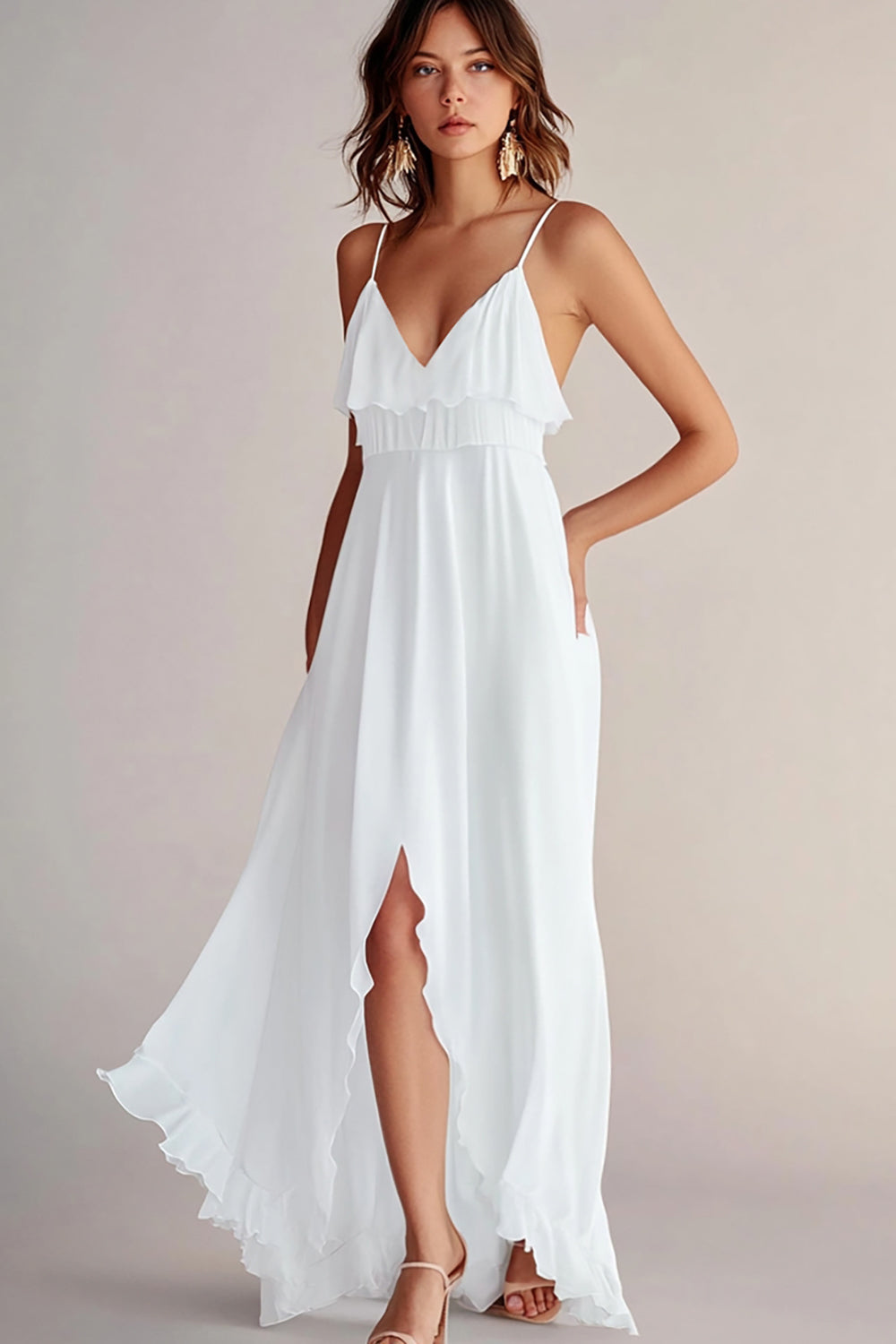 White Ruffled A Line Spaghetti Straps Graduation Dress