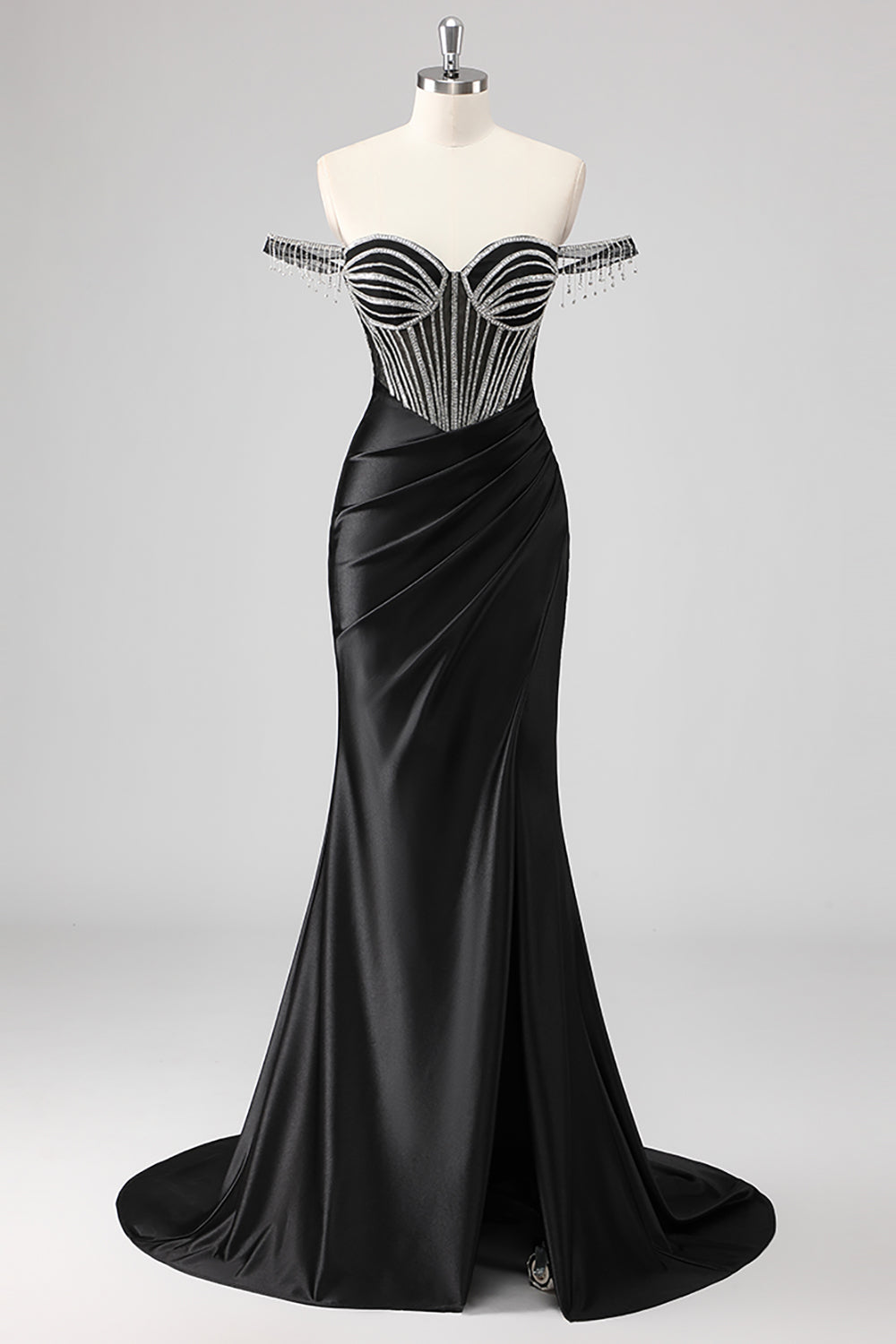 Sparkly Mermaid Cold Shoulder Beaded Dark Green Long Prom Dress with Slit