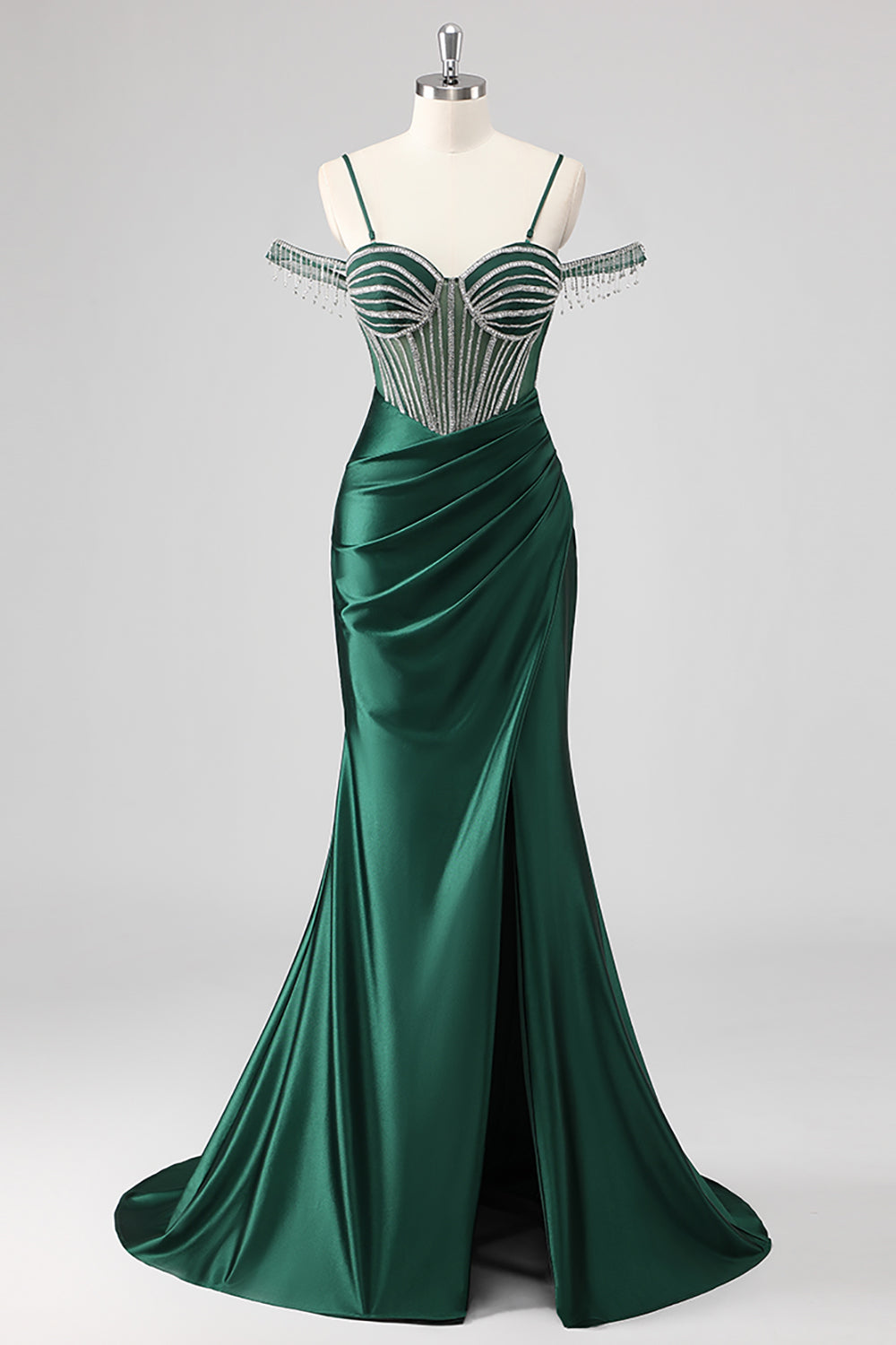 Sparkly Mermaid Cold Shoulder Beaded Dark Green Long Prom Dress with Slit