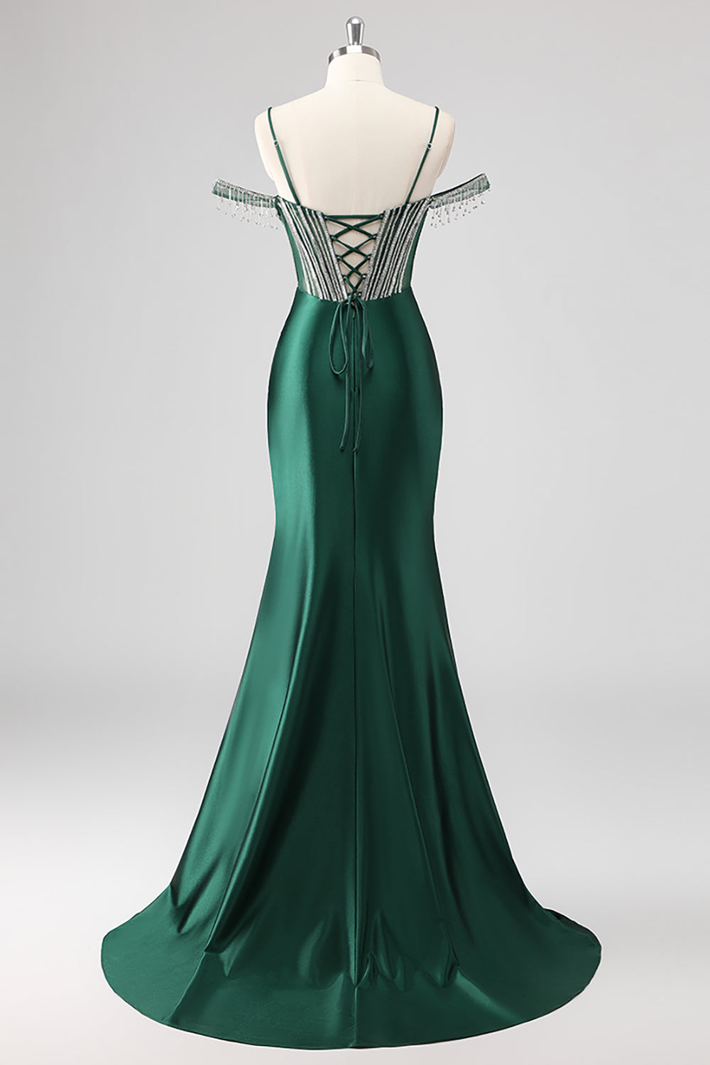Sparkly Mermaid Cold Shoulder Beaded Dark Green Long Prom Dress with Slit