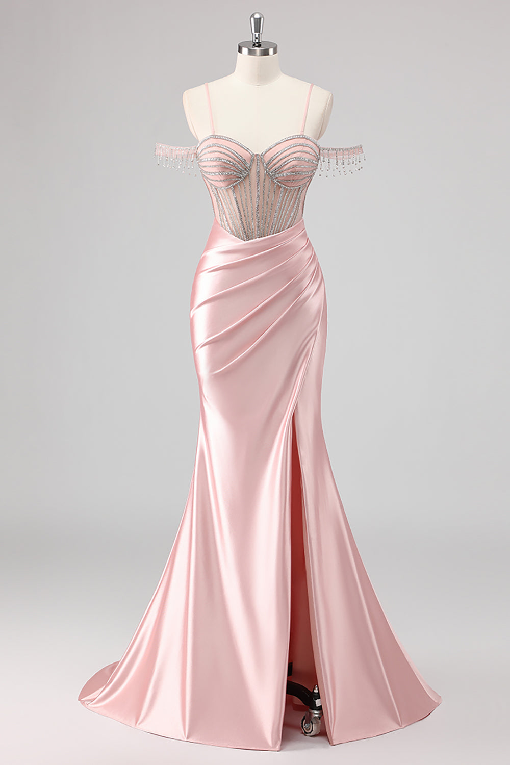 Sparkly Mermaid Cold Shoulder Beaded Long Pink Prom Dress with Slit