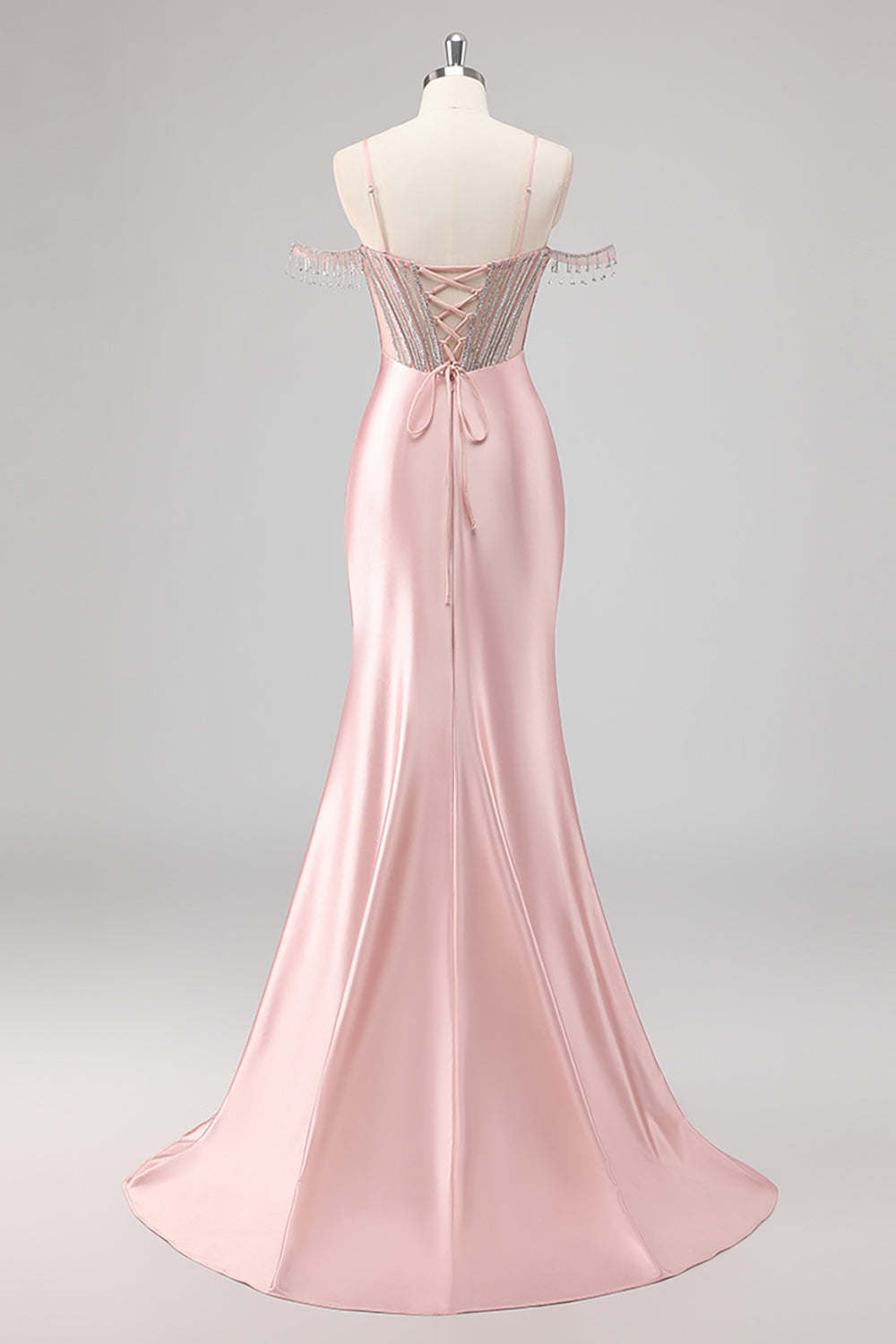 Sparkly Mermaid Cold Shoulder Beaded Long Pink Prom Dress with Slit