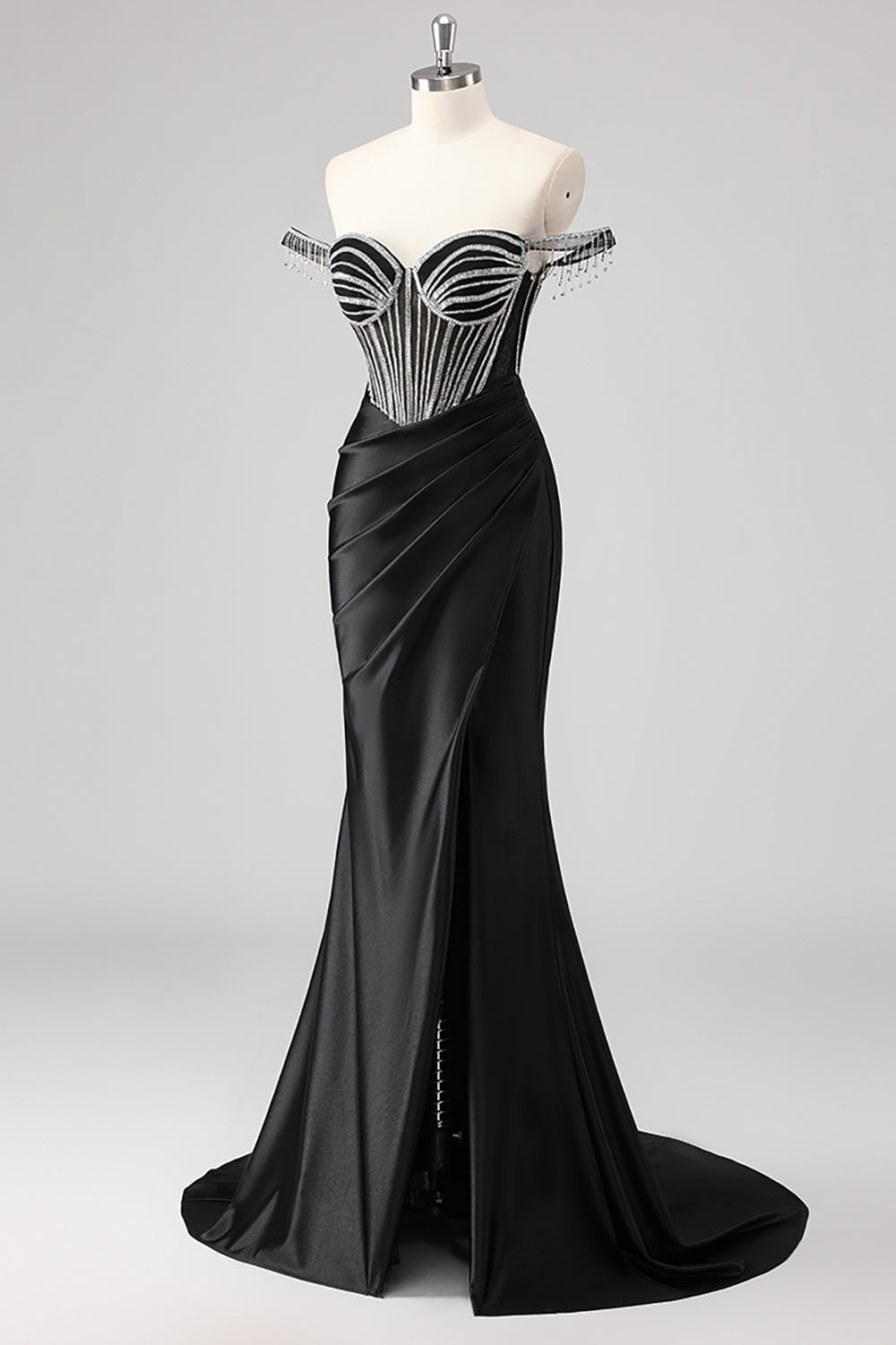 Sparkly Black Mermaid Off the Shoulder Beaded Long Prom Dress with Slit