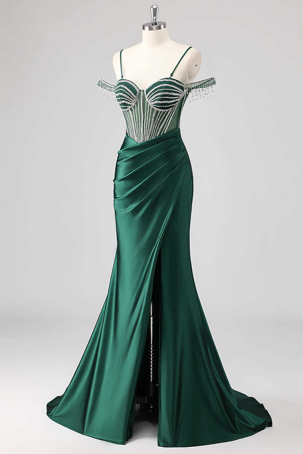 Sparkly Mermaid Cold Shoulder Beaded Dark Green Long Prom Dress with Slit