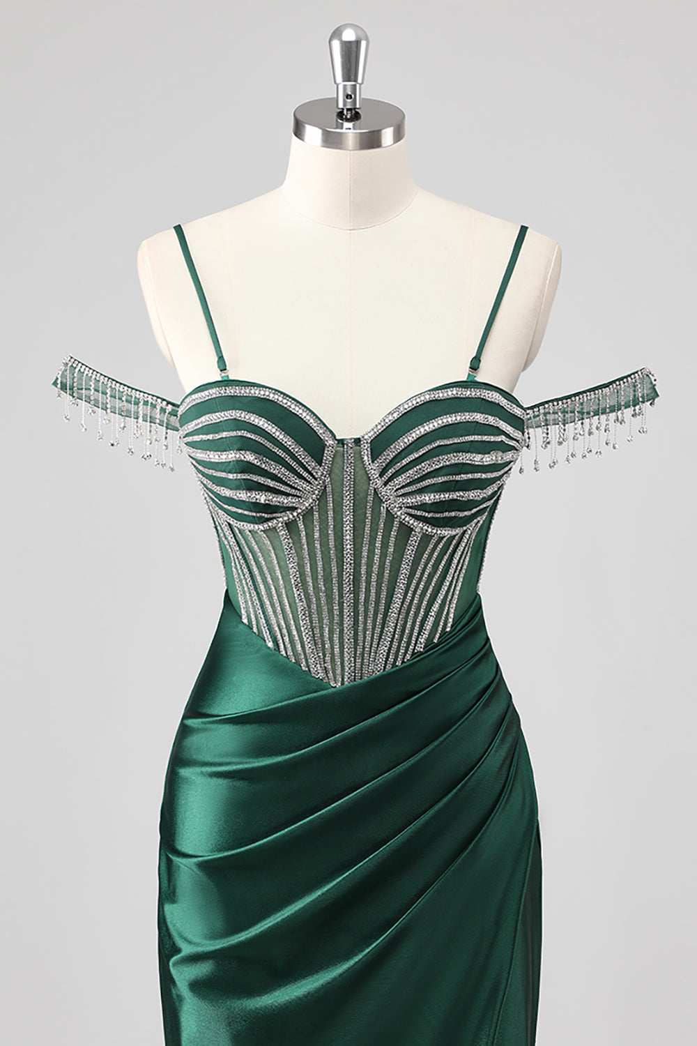 Sparkly Mermaid Cold Shoulder Beaded Dark Green Long Prom Dress with Slit