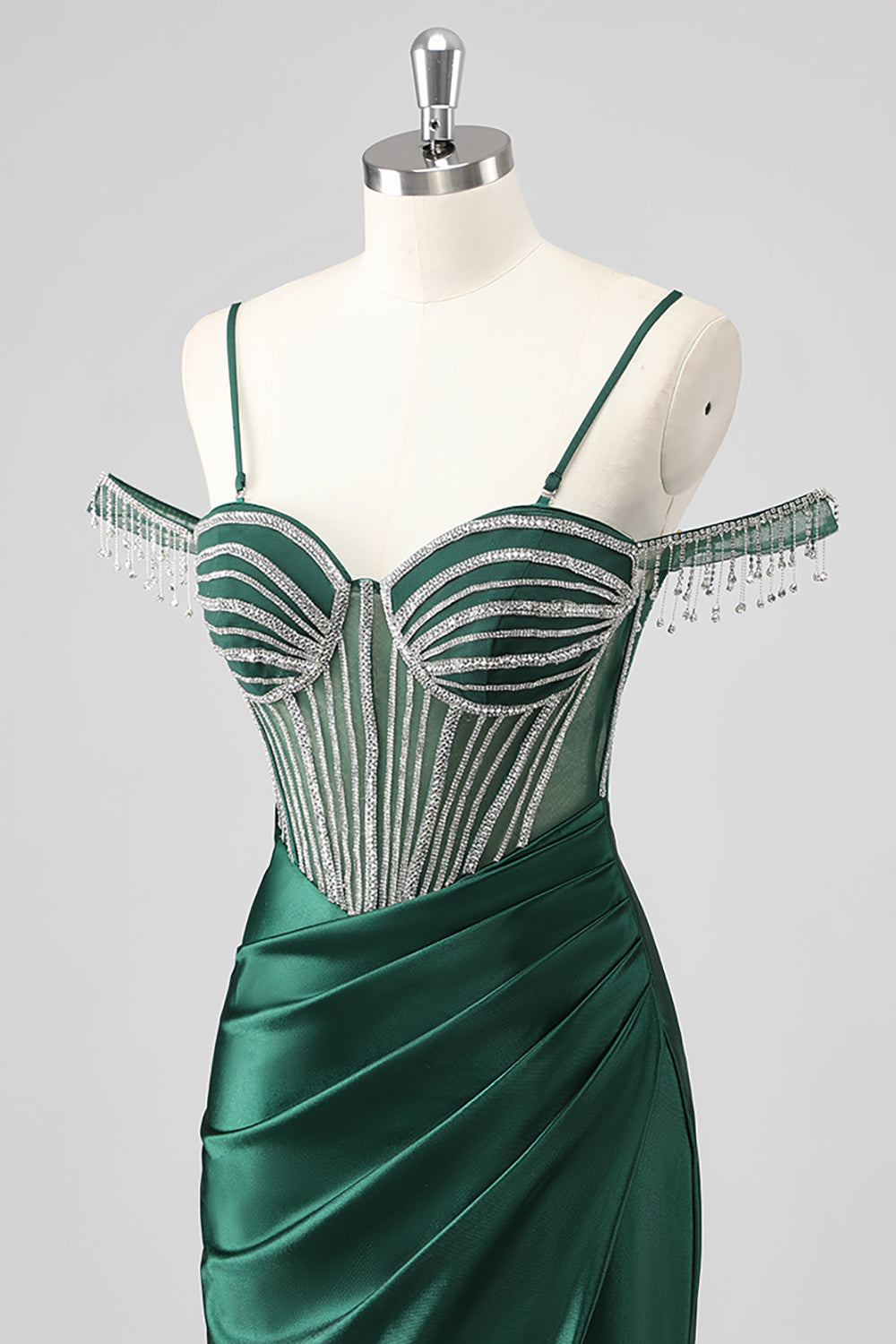 Sparkly Mermaid Cold Shoulder Beaded Dark Green Long Prom Dress with Slit