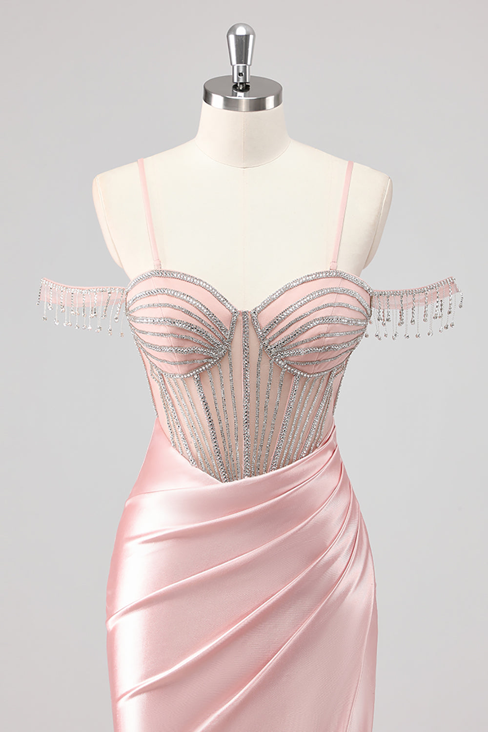 Sparkly Mermaid Cold Shoulder Beaded Long Pink Prom Dress with Slit