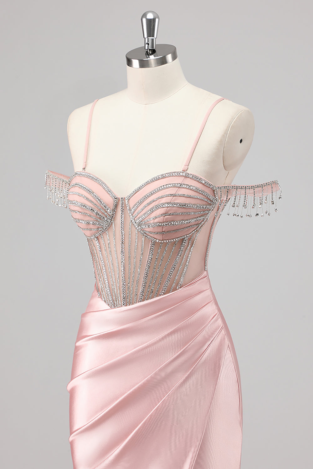 Sparkly Mermaid Cold Shoulder Beaded Long Pink Prom Dress with Slit