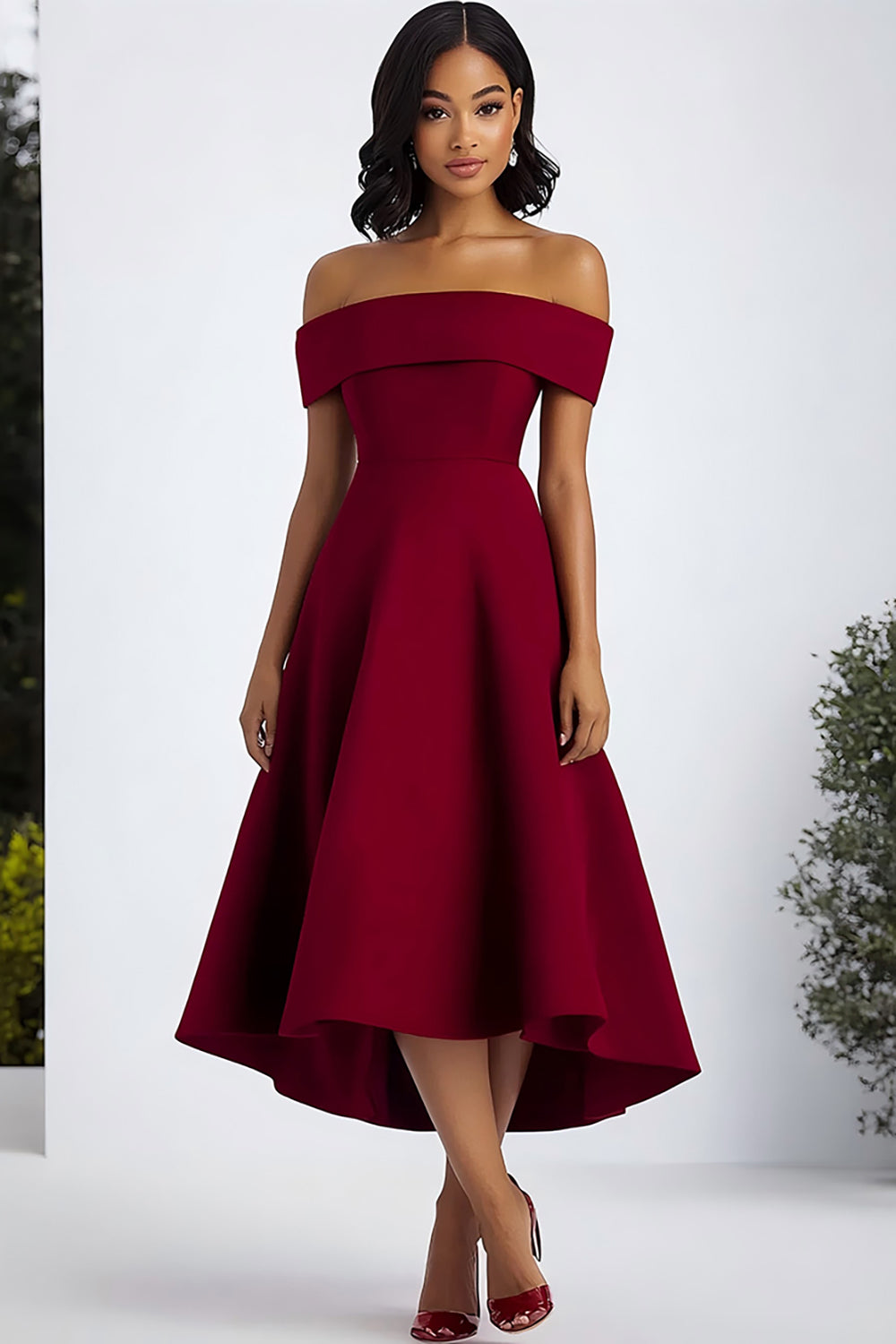 Burgundy A Line Off The Shoulder Midi Formal Dress