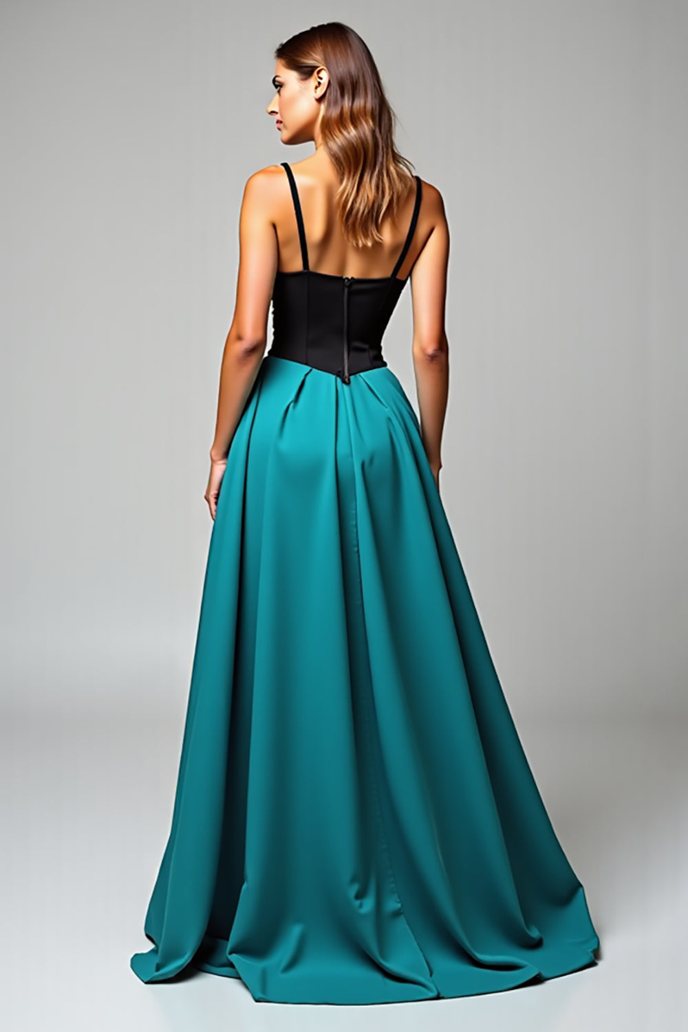 A Line Spaghetti Straps Satin Long Peacock Formal Dress