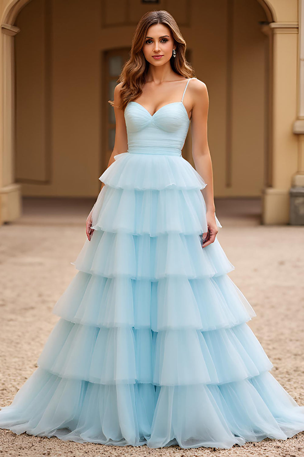 Sky Blue Spaghetti Straps Tiered Long Tulle Prom Dress