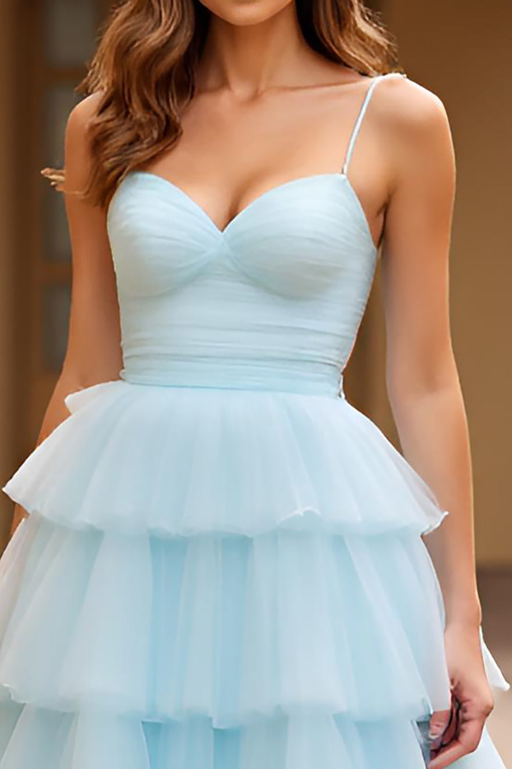 Sky Blue Spaghetti Straps Tiered Long Tulle Prom Dress