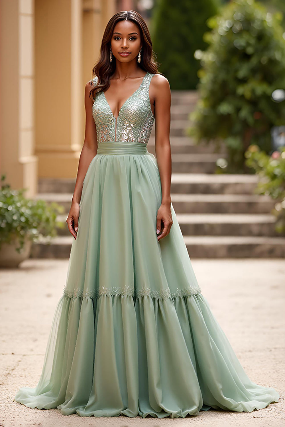 Sparkly Sequins Dusty Sage Organza A Line V Neck Prom Dress