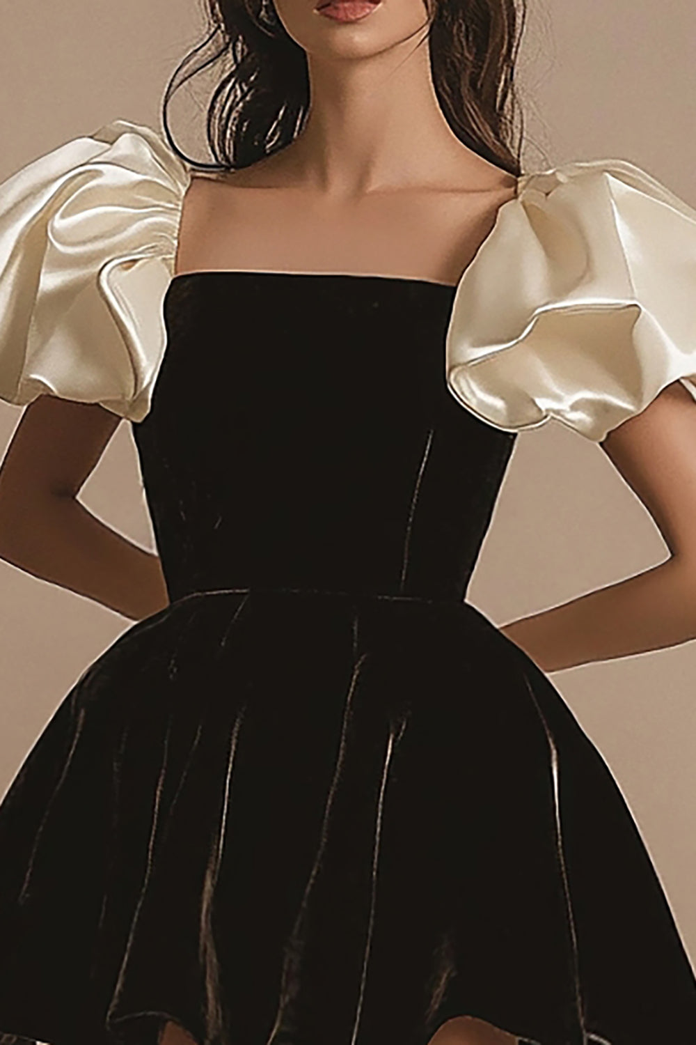 A Line Short Sleeves Pleated Velvet Short Little Black Dress