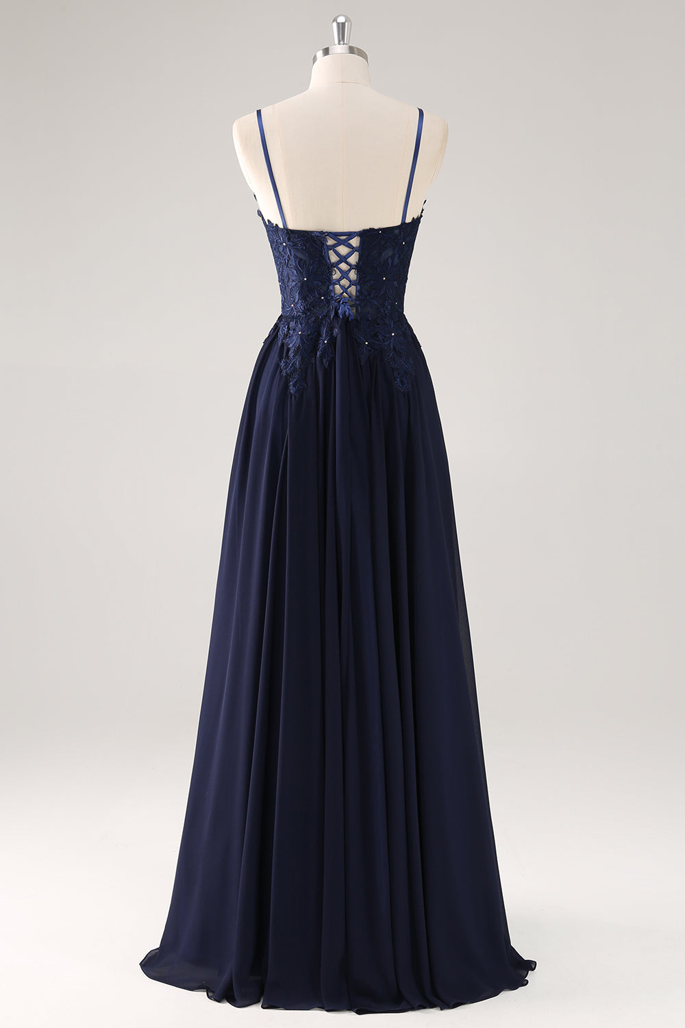 Navy Spaghetti Straps A Line Long Prom Dress with Appliques