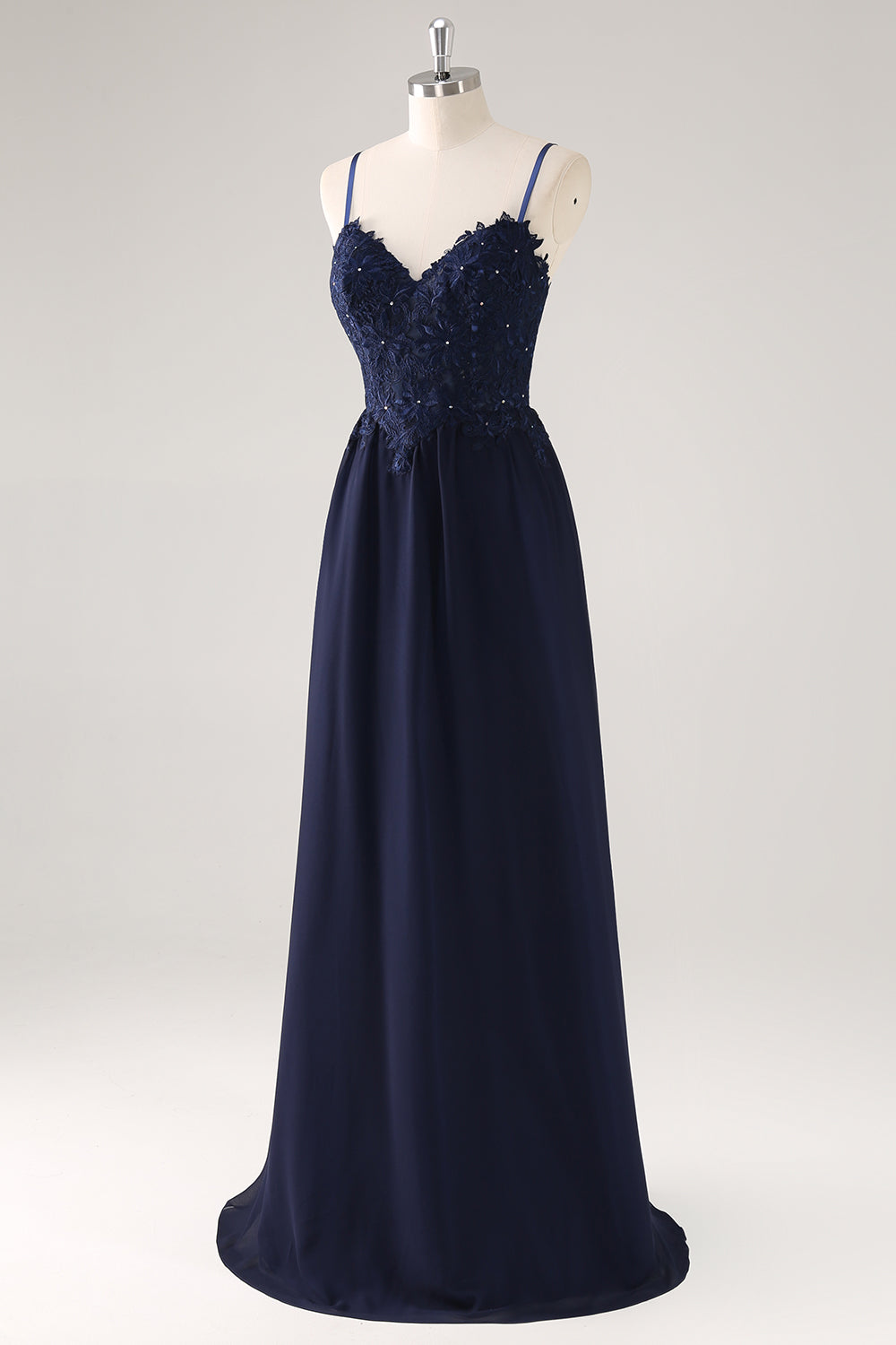Navy Spaghetti Straps A Line Long Prom Dress with Appliques