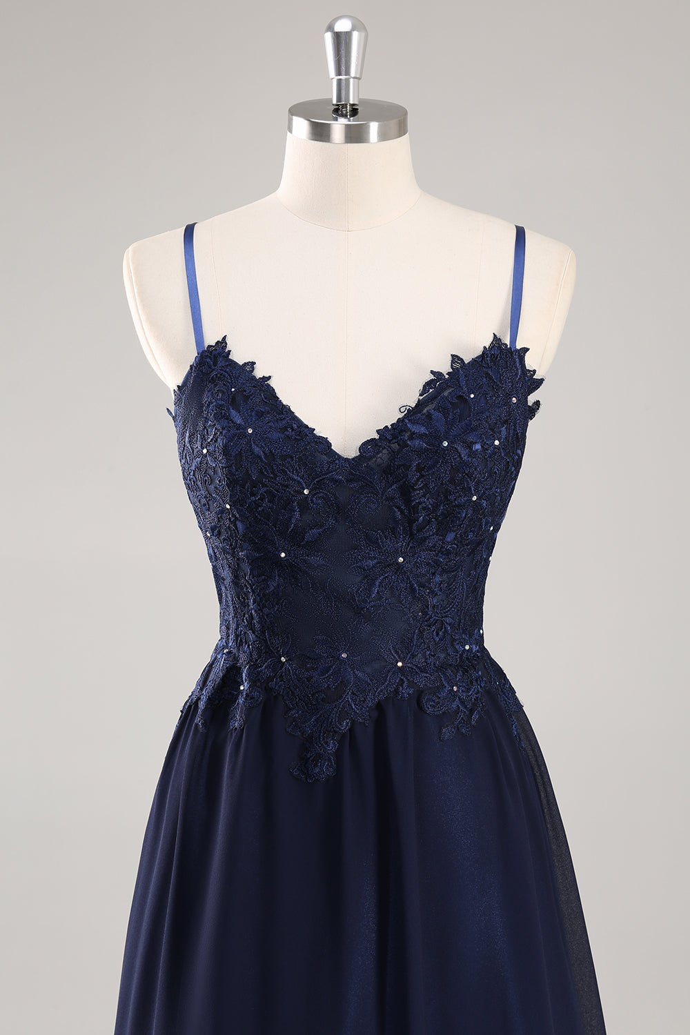 Navy Spaghetti Straps A Line Long Prom Dress with Appliques