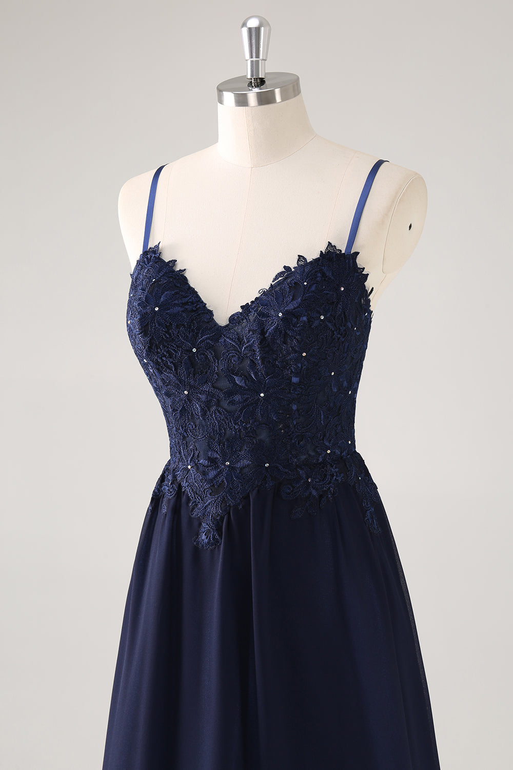 Navy Spaghetti Straps A Line Long Prom Dress with Appliques