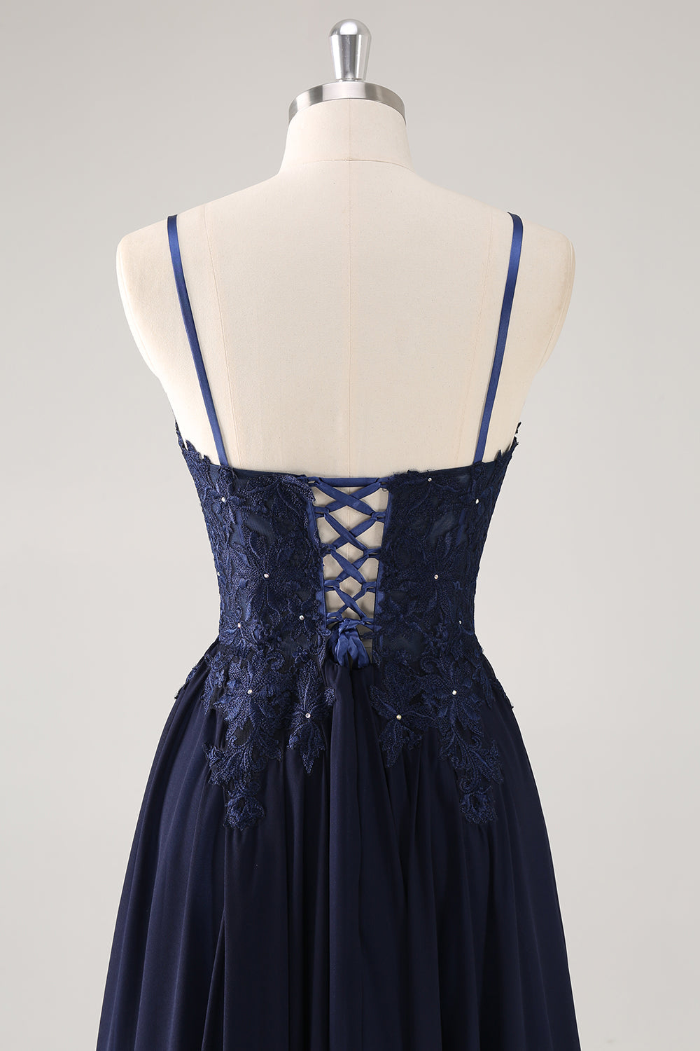 Navy Spaghetti Straps A Line Long Prom Dress with Appliques