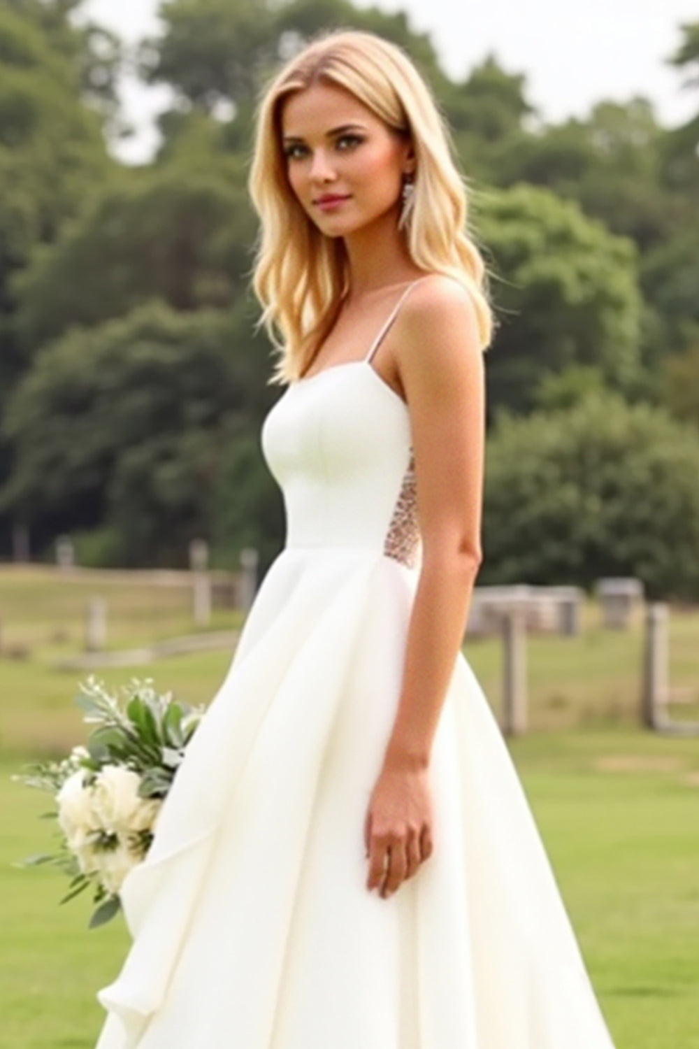 A Line Ruffled Ivory Spaghetti Straps Wedding Dress