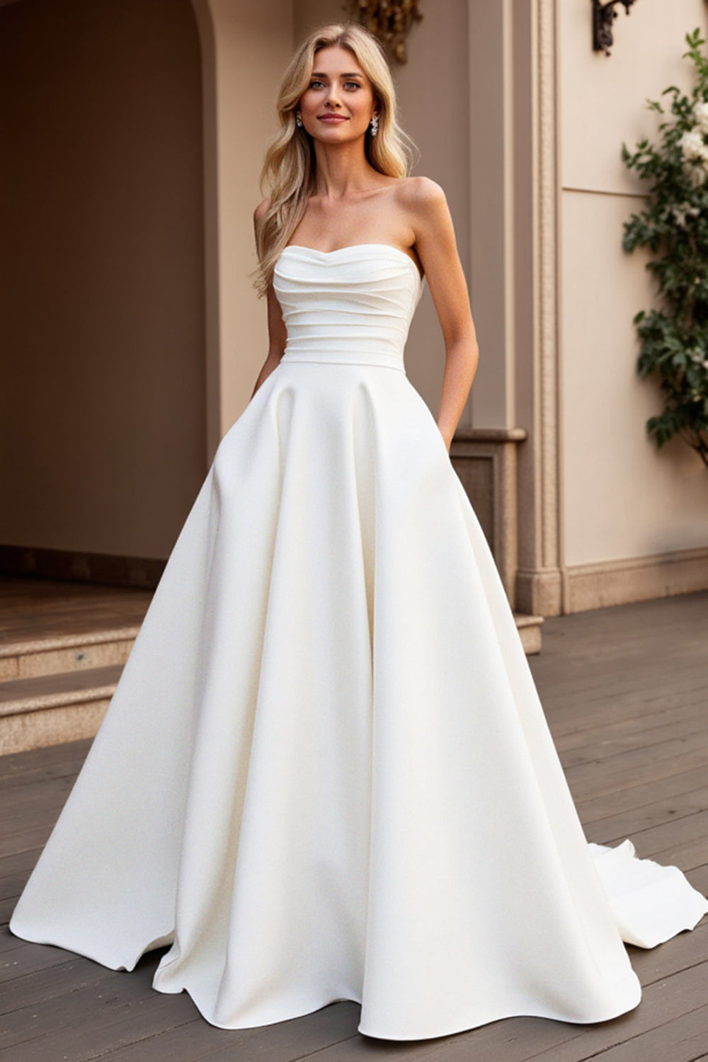Strapless A Line Ivory Satin Ruched Wedding Dress