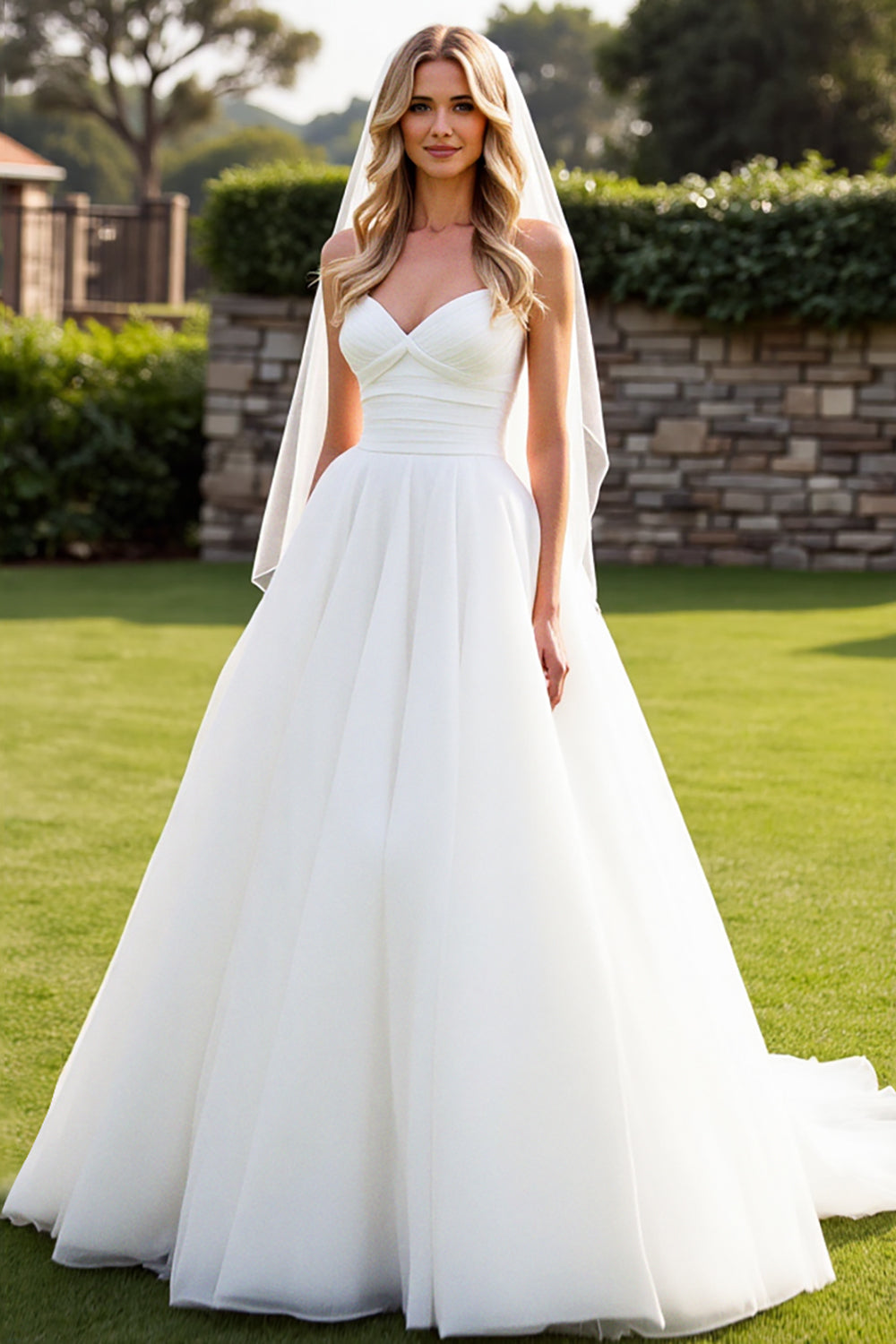 Strapless Organza Ivory A Line Long Wedding Dress