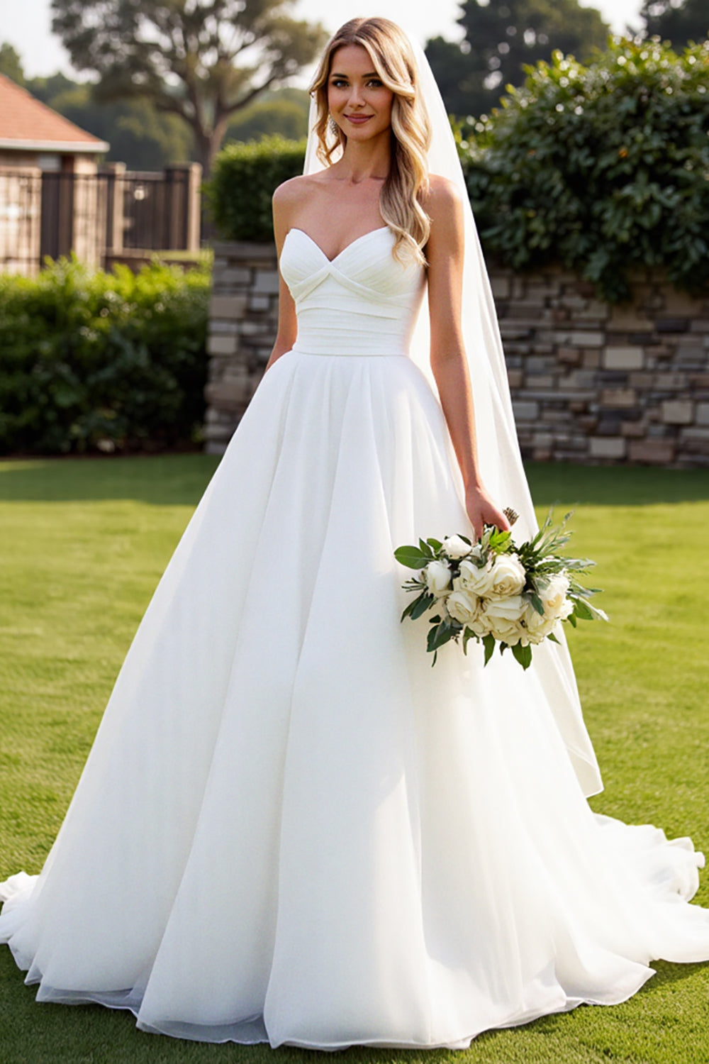 Strapless Organza Ivory A Line Long Wedding Dress