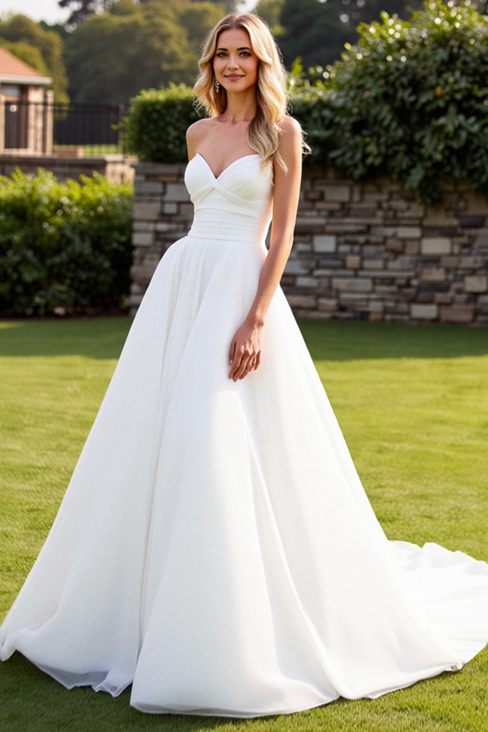 Strapless Organza Ivory A Line Long Wedding Dress