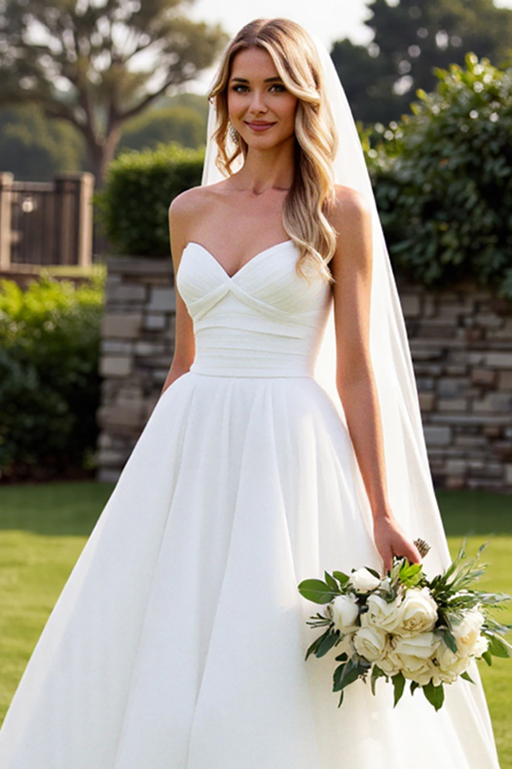 Strapless Organza Ivory A Line Long Wedding Dress