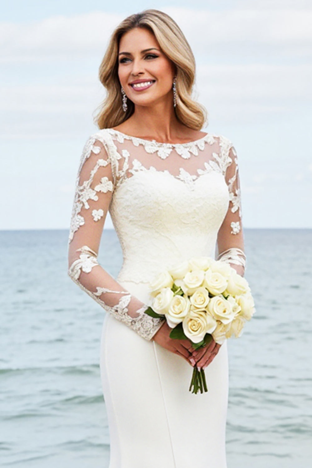 lvory Mermaid Long Sleeves Appliqued Wedding Dress