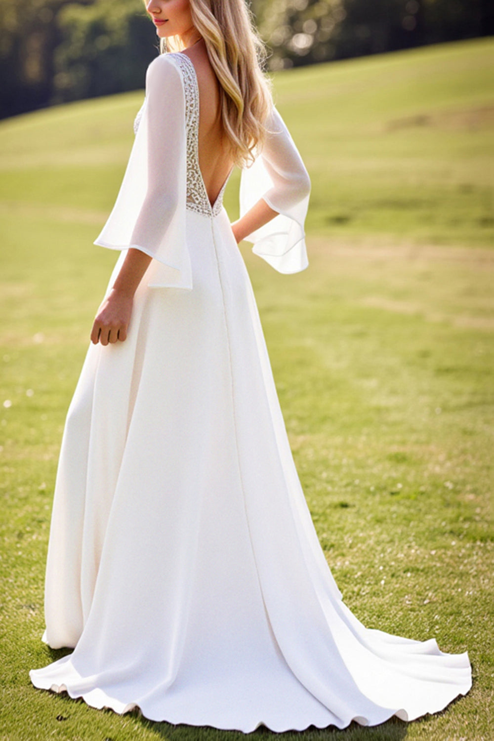 lvory A Line 3/4 Sleeves Lace Long Wedding Dress