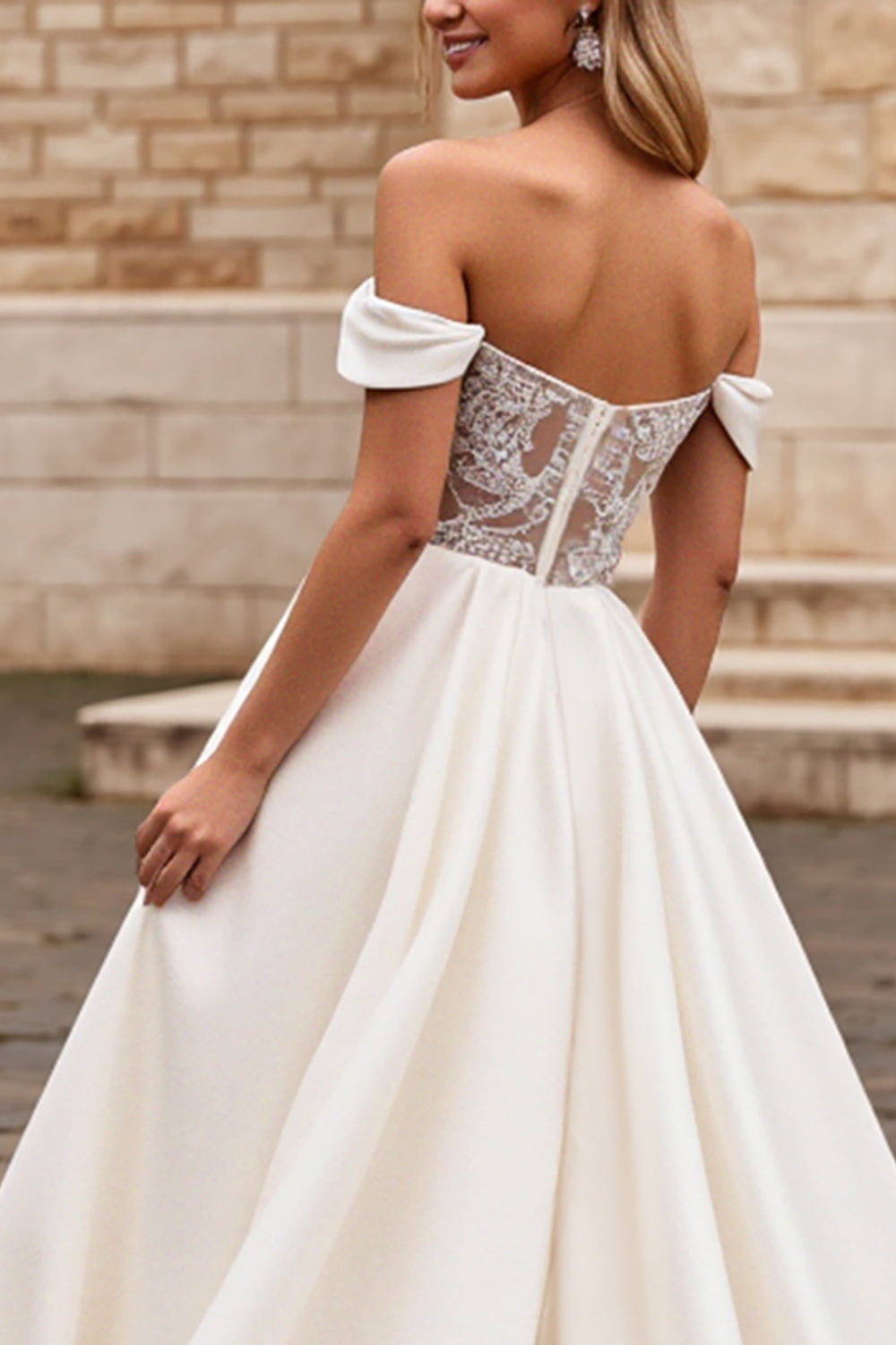 lvory A Line Off The Shoulder Satin Long Wedding Dress