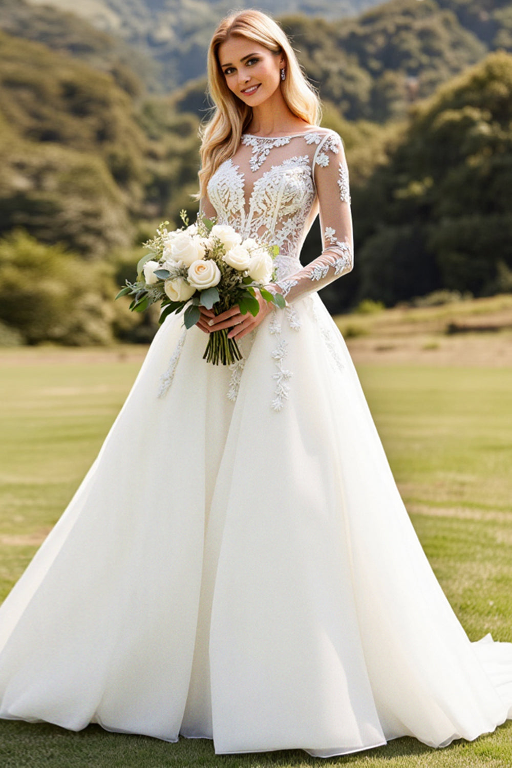 Long Sleeves lvory A Line Lace Appliqued Wedding Dress