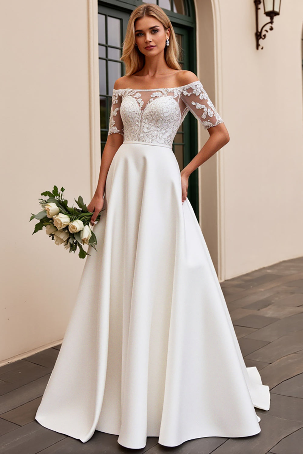lvory A Line Off The Shoulder Lace Long Wedding Dress