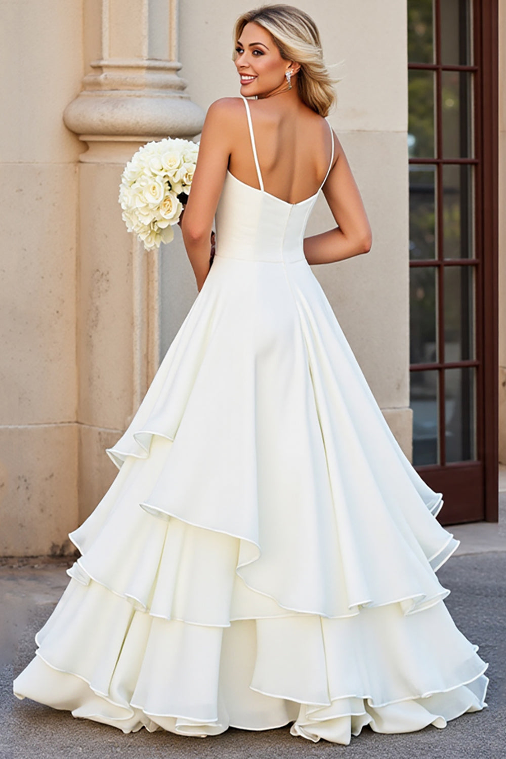 White A-line Spaghetti Straps Ruffled Long Wedding Dress
