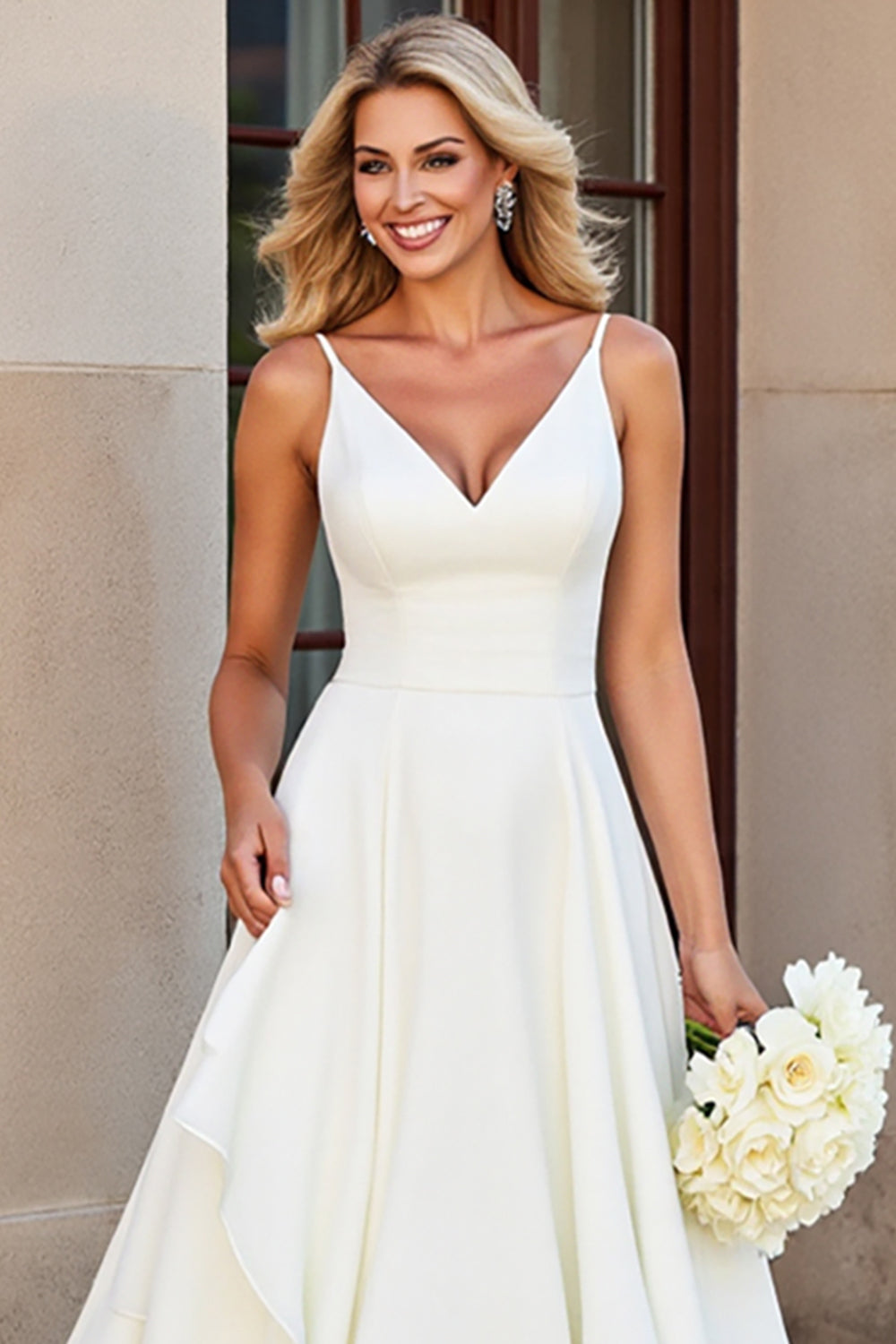 White A-line Spaghetti Straps Ruffled Long Wedding Dress