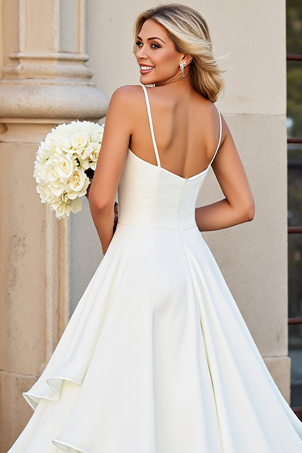 White A-line Spaghetti Straps Ruffled Long Wedding Dress