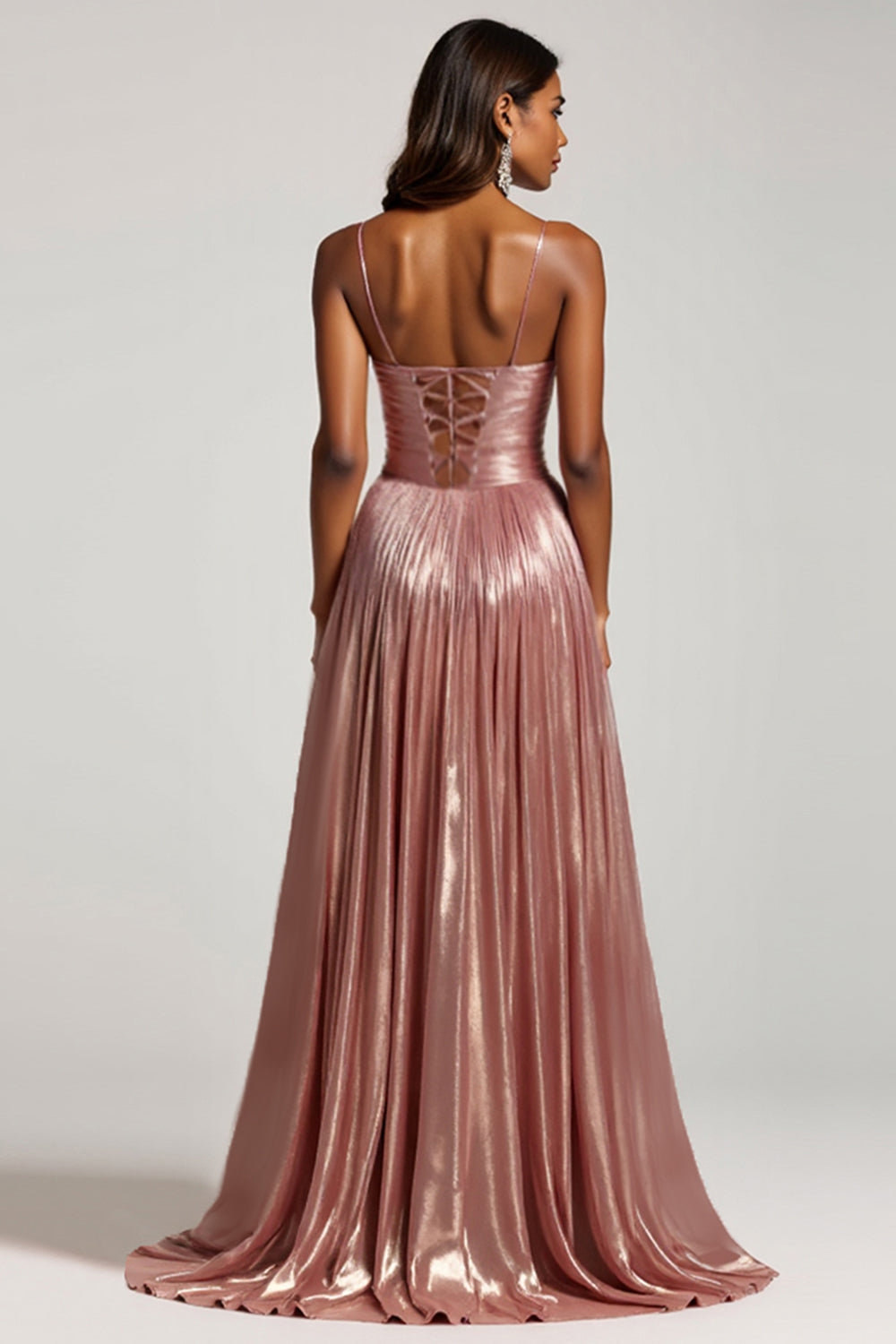 Glitter Dusty Rose A Line Cut Out Spaghetti Straps Prom Dress