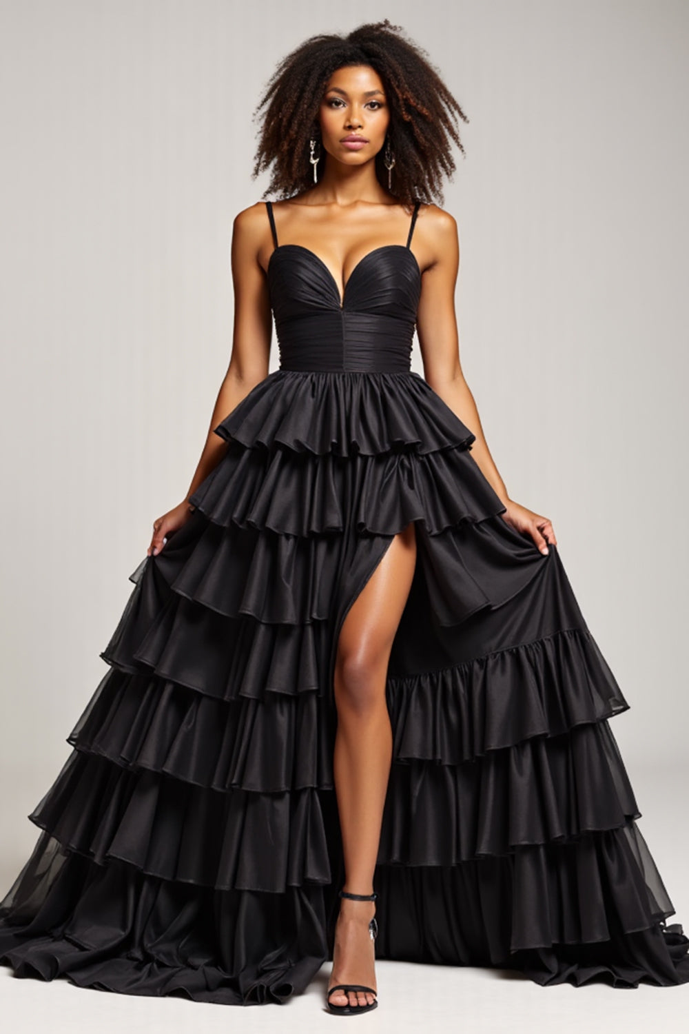 Black A Line Spaghetti Straps Pleated Satin Prom Dress
