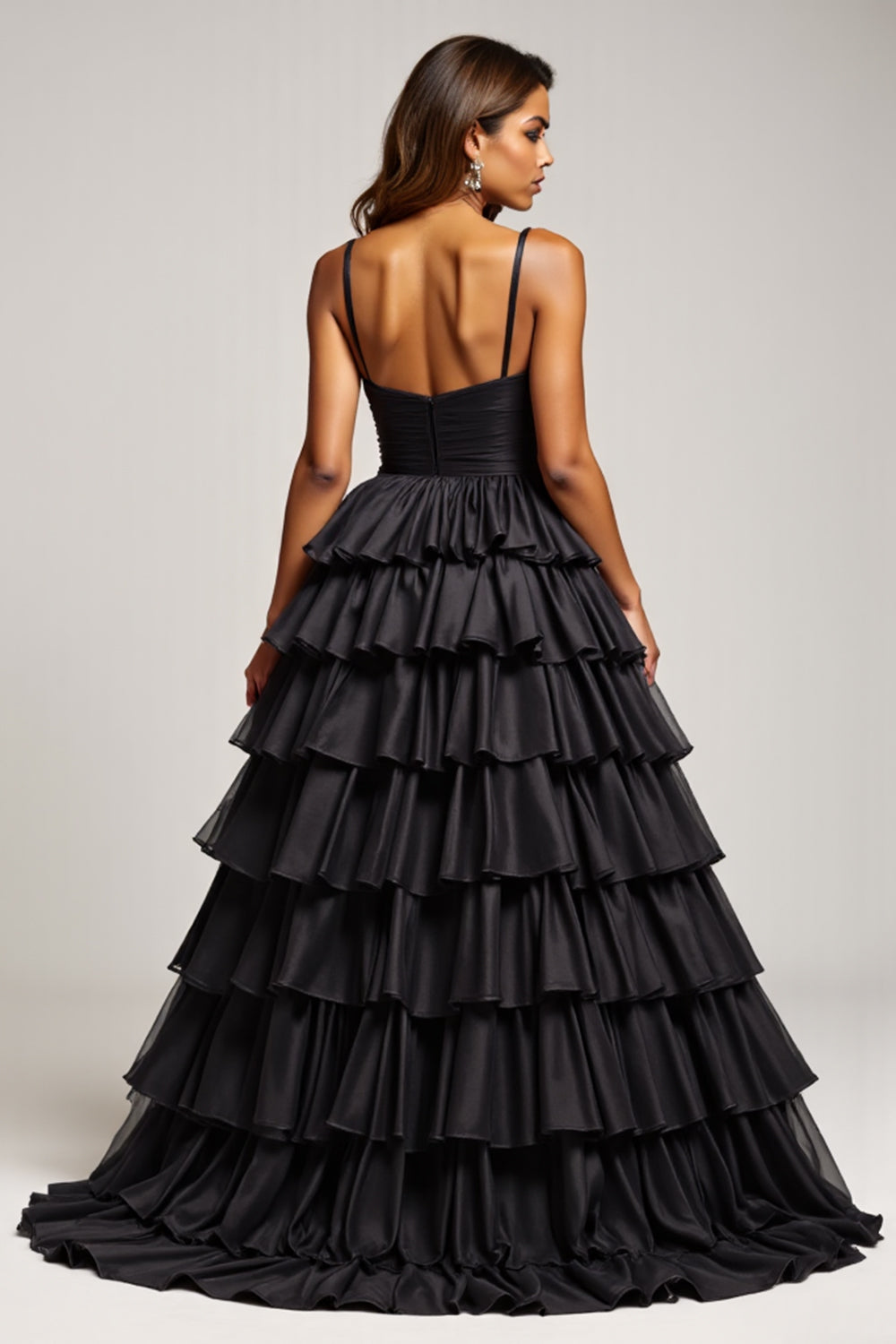 Black A Line Spaghetti Straps Pleated Satin Prom Dress