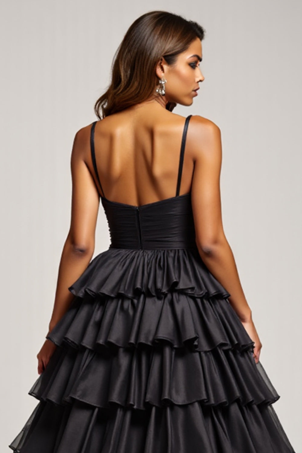Black A Line Spaghetti Straps Pleated Satin Prom Dress